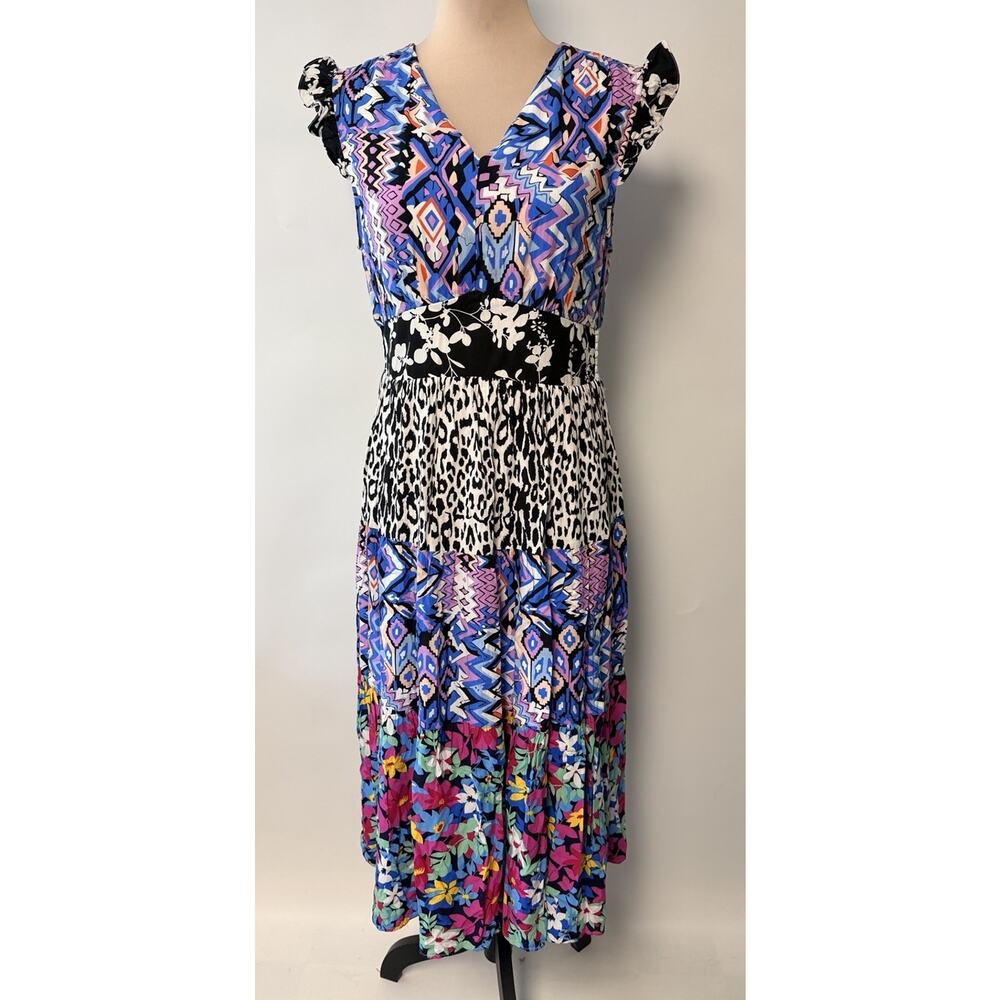 Boho Patchwork Floral Tiered Dress Maxi Medium Rayon Colorful Button Dopamine